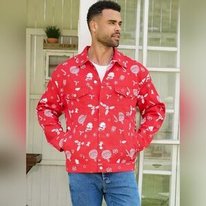 New Red Christmas Print Trucker Jacket for Men